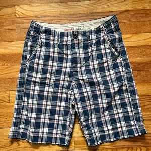 Men's Red, White, and Blue Plaid American Eagle Flat Front Shorts